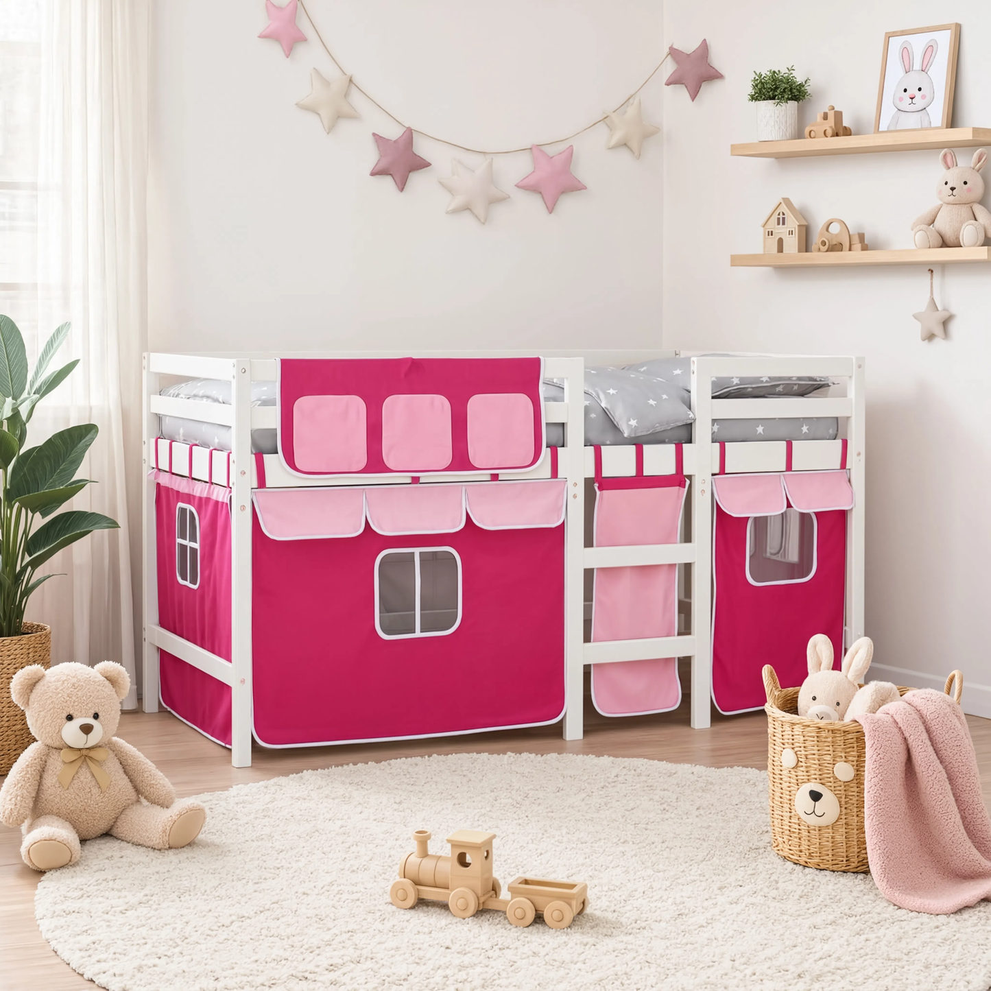 Lit Mezzanine Enfant avec Rideaux en Pin Massif 90x190 cm | Doudoucabane
