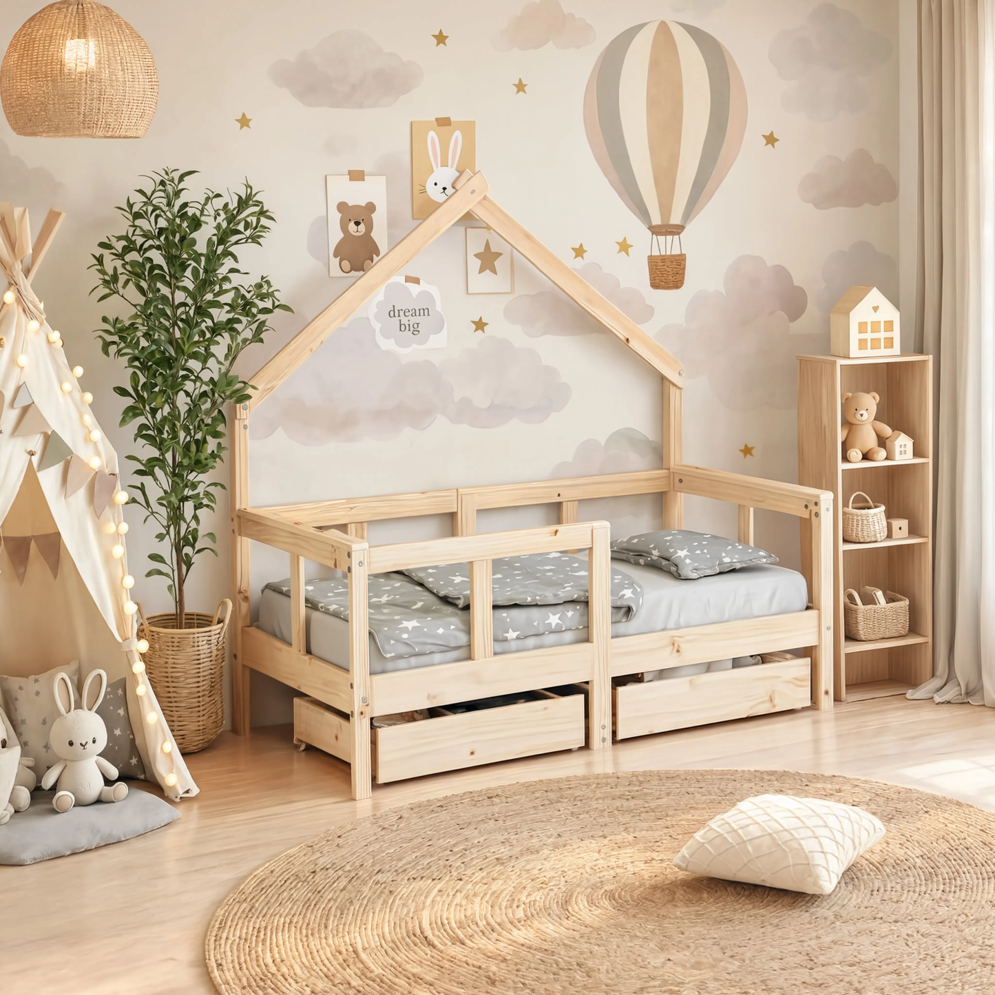 Lit Cabane Asymétrique Enfant avec Tiroirs en Pin Massif | Doudoucabane
