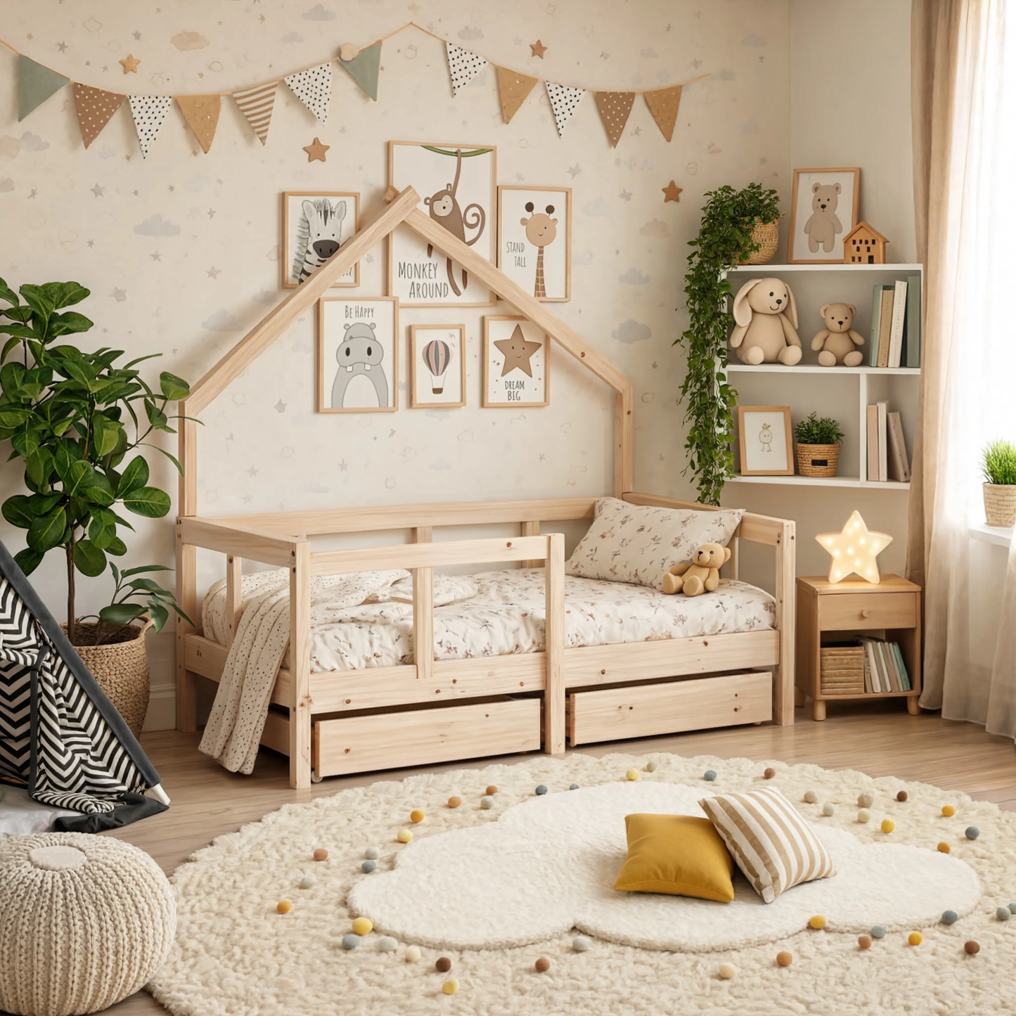 Lit Cabane Asymétrique Enfant avec Tiroirs en Pin Massif | Doudoucabane