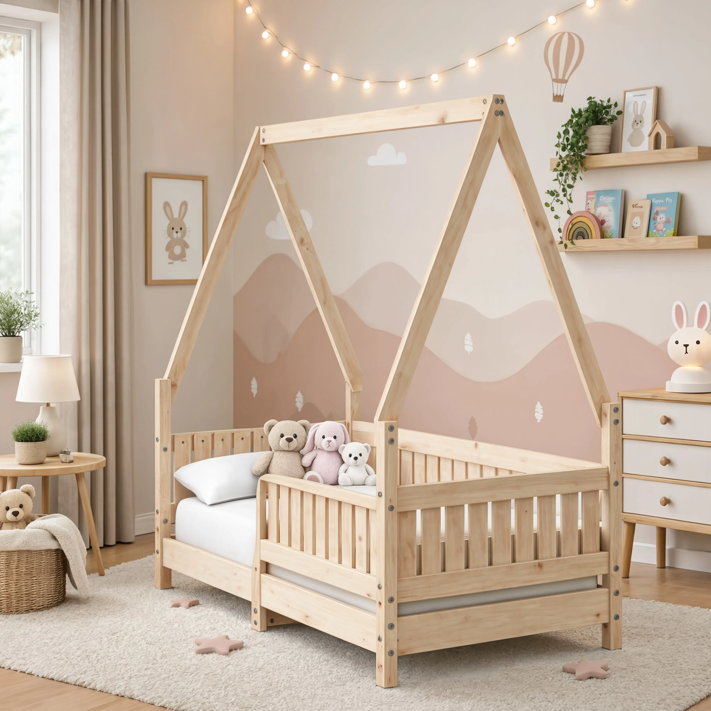 Lit Cabane Maisonnette Enfant Blanc avec Barrières en Pin Massif 70x140 cm | Doudoucabane