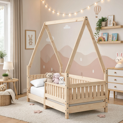 Lit Cabane Maisonnette Enfant Blanc avec Barrières en Pin Massif 70x140 cm | Doudoucabane