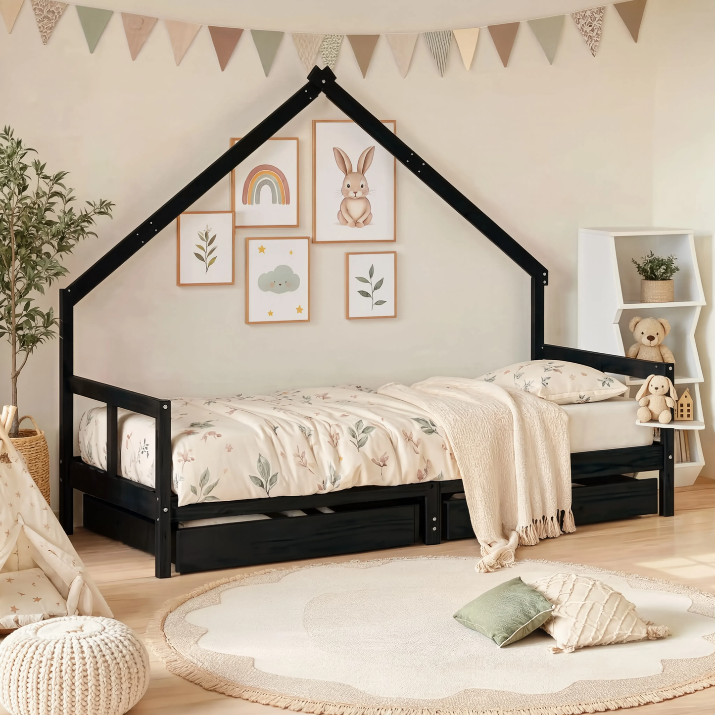 Lit Cabane Asymétrique Enfant avec Tiroirs en Pin Massif | Doudoucabane