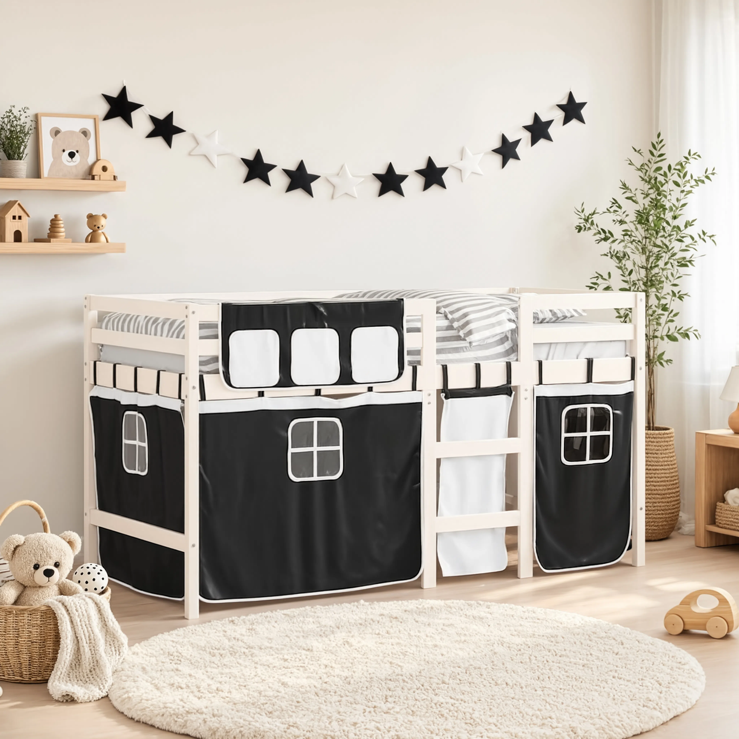 Lit Mezzanine Enfant avec Rideaux en Pin Massif 90x190 cm | Doudoucabane