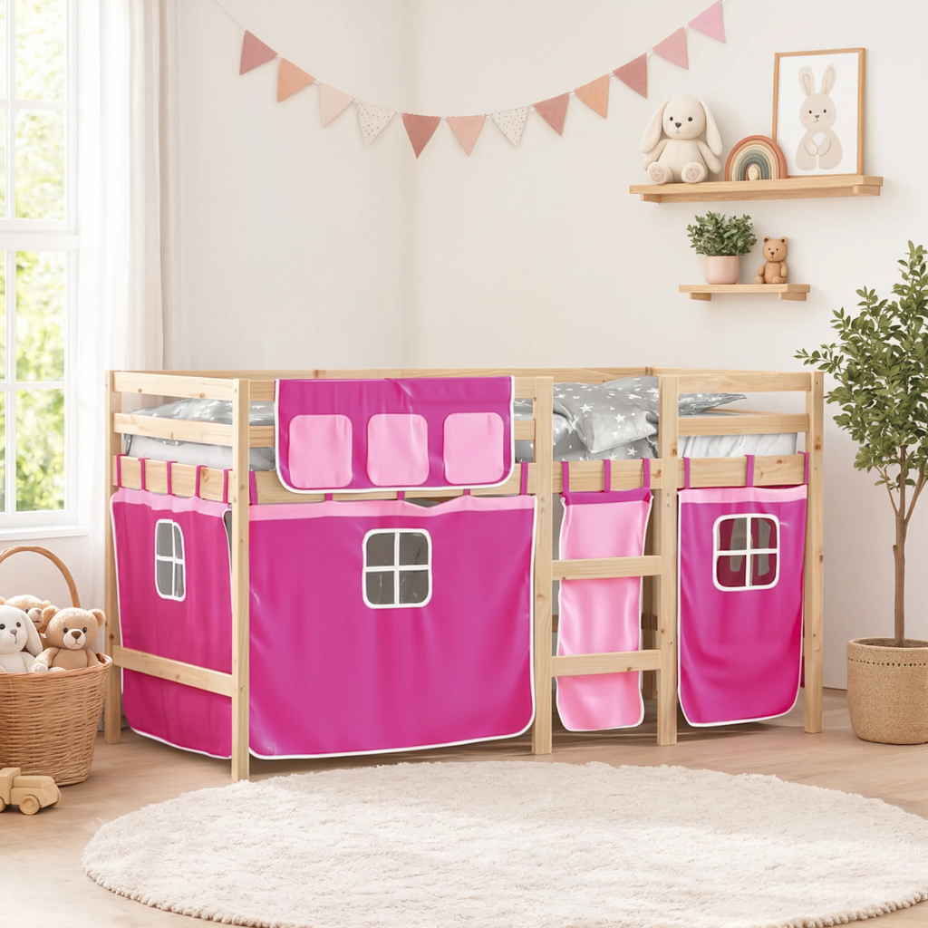 Lit Mezzanine Enfant avec Rideaux en Pin Massif 90x190 cm | Doudoucabane