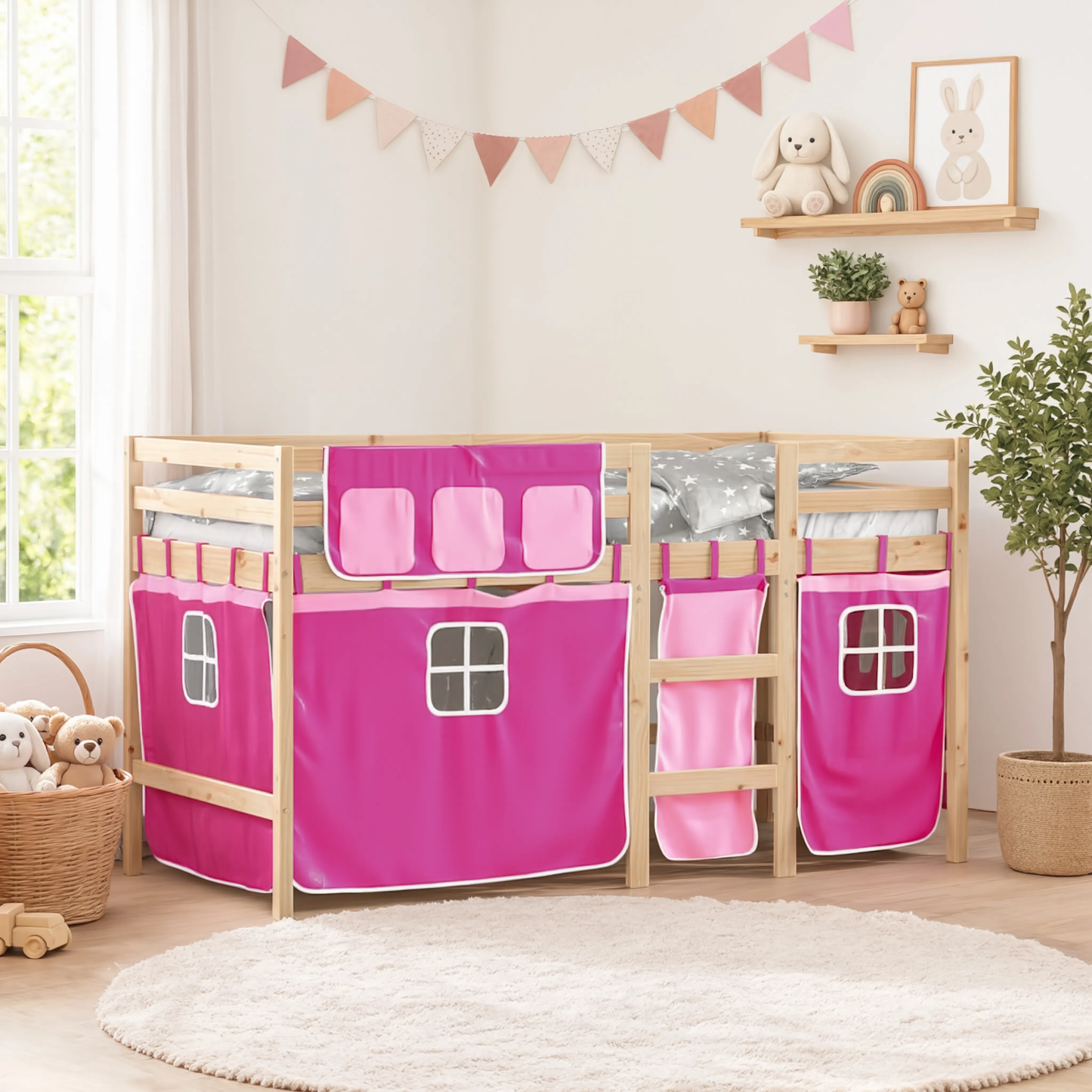 Lit Mezzanine Enfant avec Rideaux en Pin Massif 90x190 cm | Doudoucabane