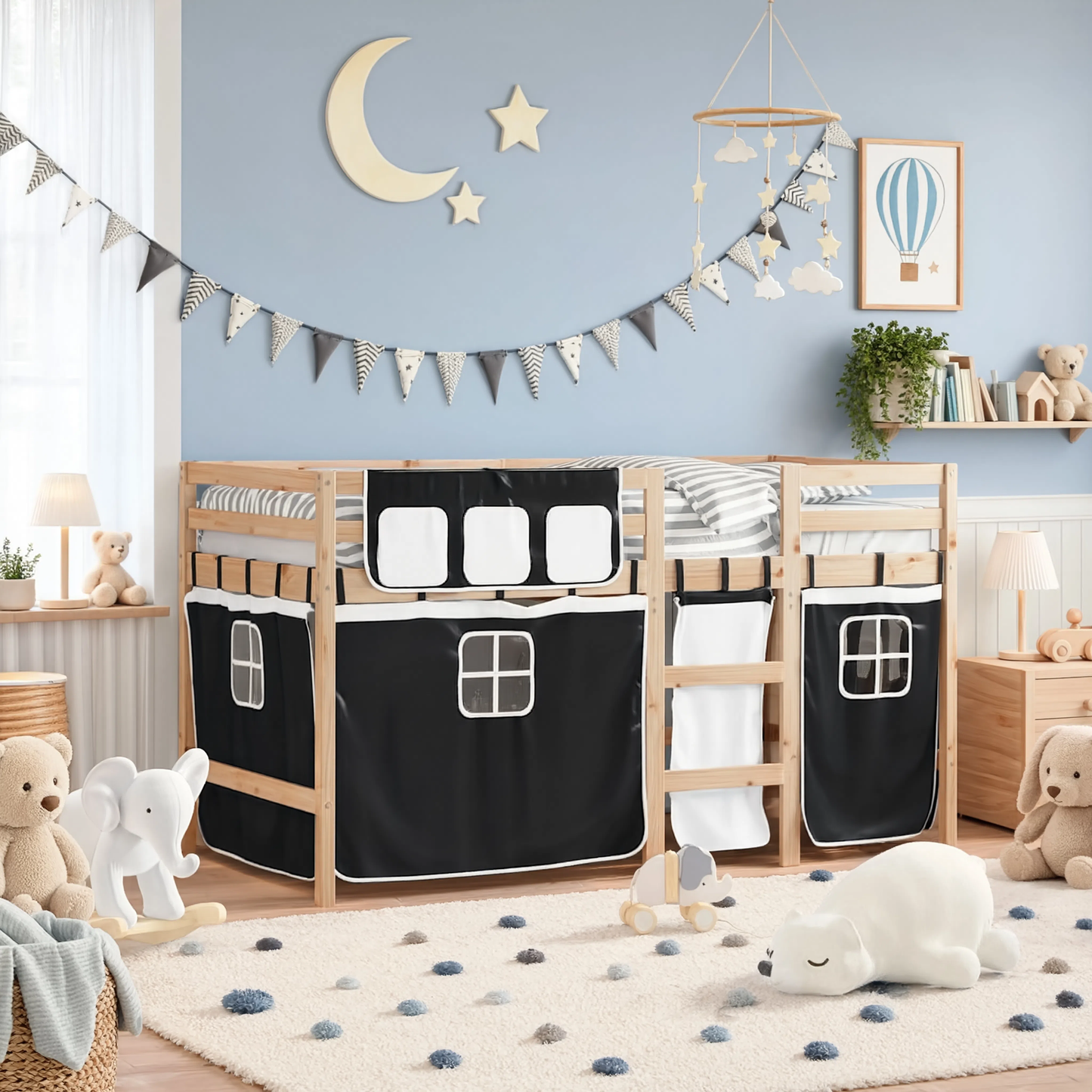 Lit Mezzanine Enfant avec Rideaux en Pin Massif 90x190 cm | Doudoucabane
