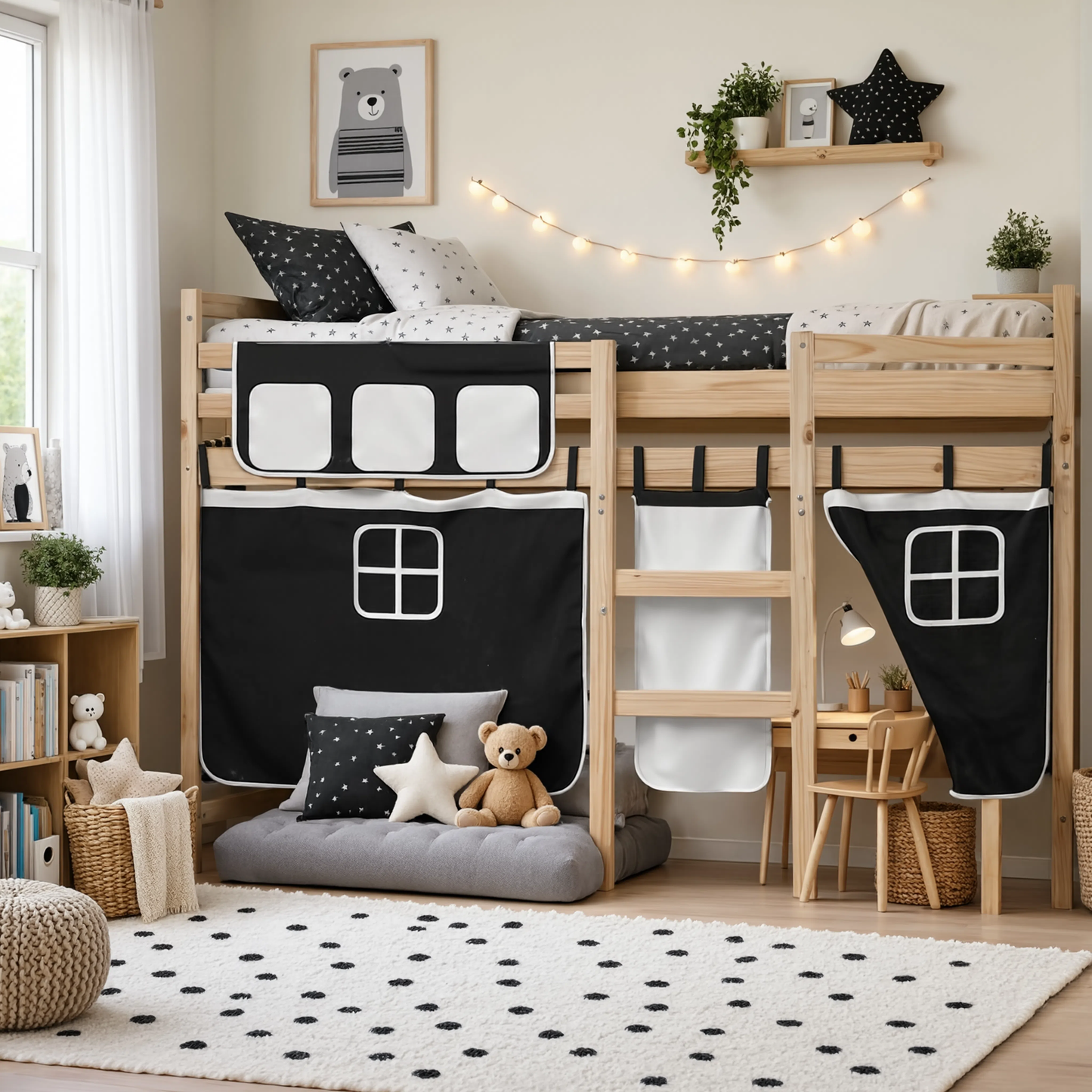 Lit Mezzanine Enfant avec Rideaux en Pin Massif 90x190 cm | Doudoucabane