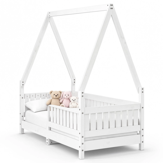 Lit Cabane Maisonnette Enfant Blanc avec Barrières en Pin Massif 70x140 cm | Doudoucabane
