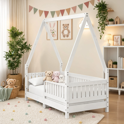 Lit Cabane Maisonnette Enfant Blanc avec Barrières en Pin Massif 70x140 cm | Doudoucabane