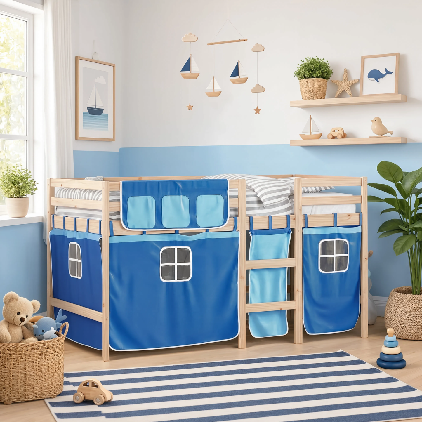 Lit Mezzanine Enfant avec Rideaux en Pin Massif 90x190 cm | Doudoucabane