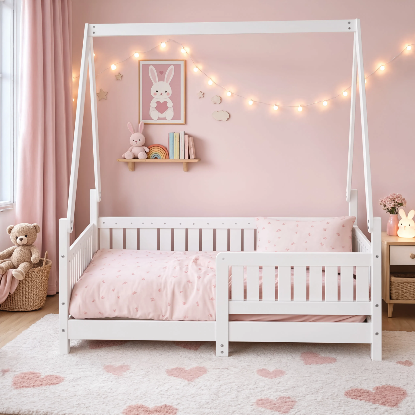 Lit Cabane Maisonnette Enfant Blanc avec Barrières en Pin Massif 70x140 cm | Doudoucabane